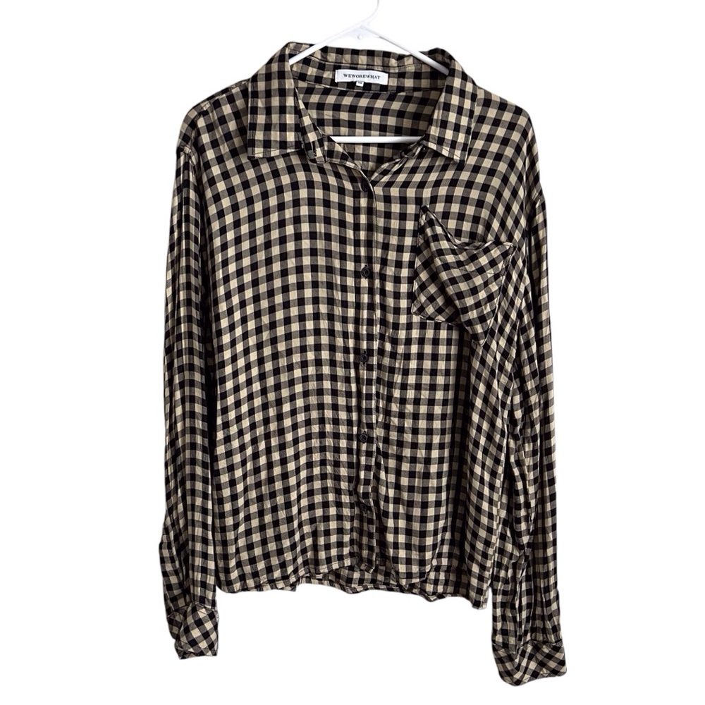 WeWoreWhat Button Up Shirt Gingham Check Tan Black Preppy Women’s Small Medium
